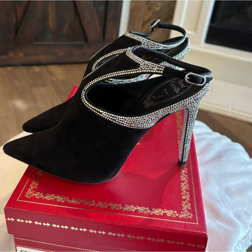 Rene Caovilla Black Suede Crystal-Embellished Pointed Toe Slingback Heels